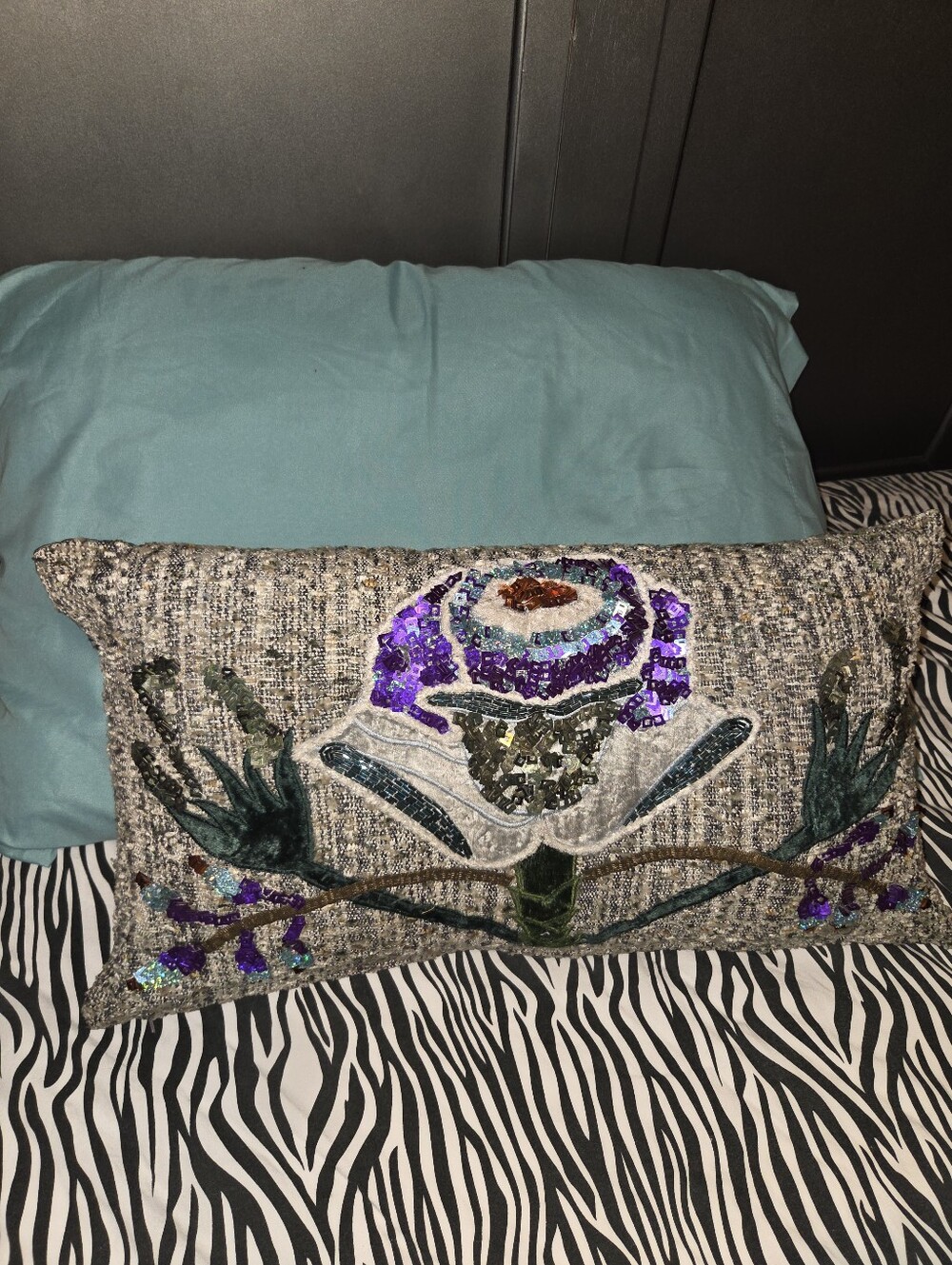 Decorative Sequin Floral Lumbar Pillow in Teal and Purple
